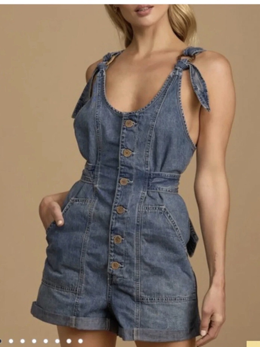 Free People Blue Denim Button-Front Tie-Shoulder Romper